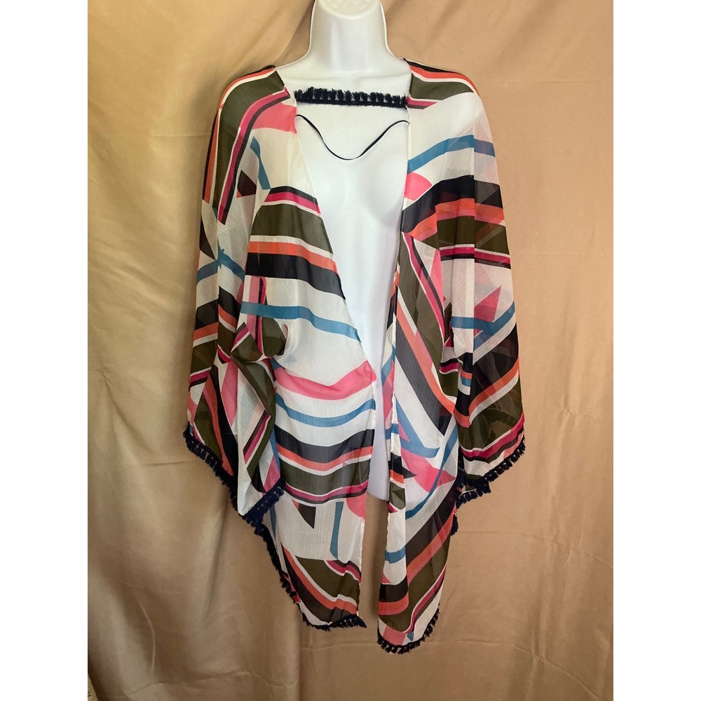Express Kimono Wrap Womens One Size Multicolor Geometric Fringe Sheer
